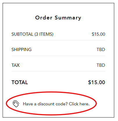 An order summary showing the cost of the images and a red circle around the area to add a discount code