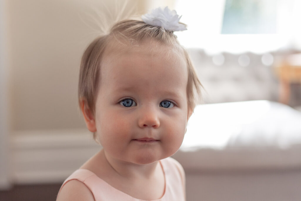 close up of one year old's blue eyes