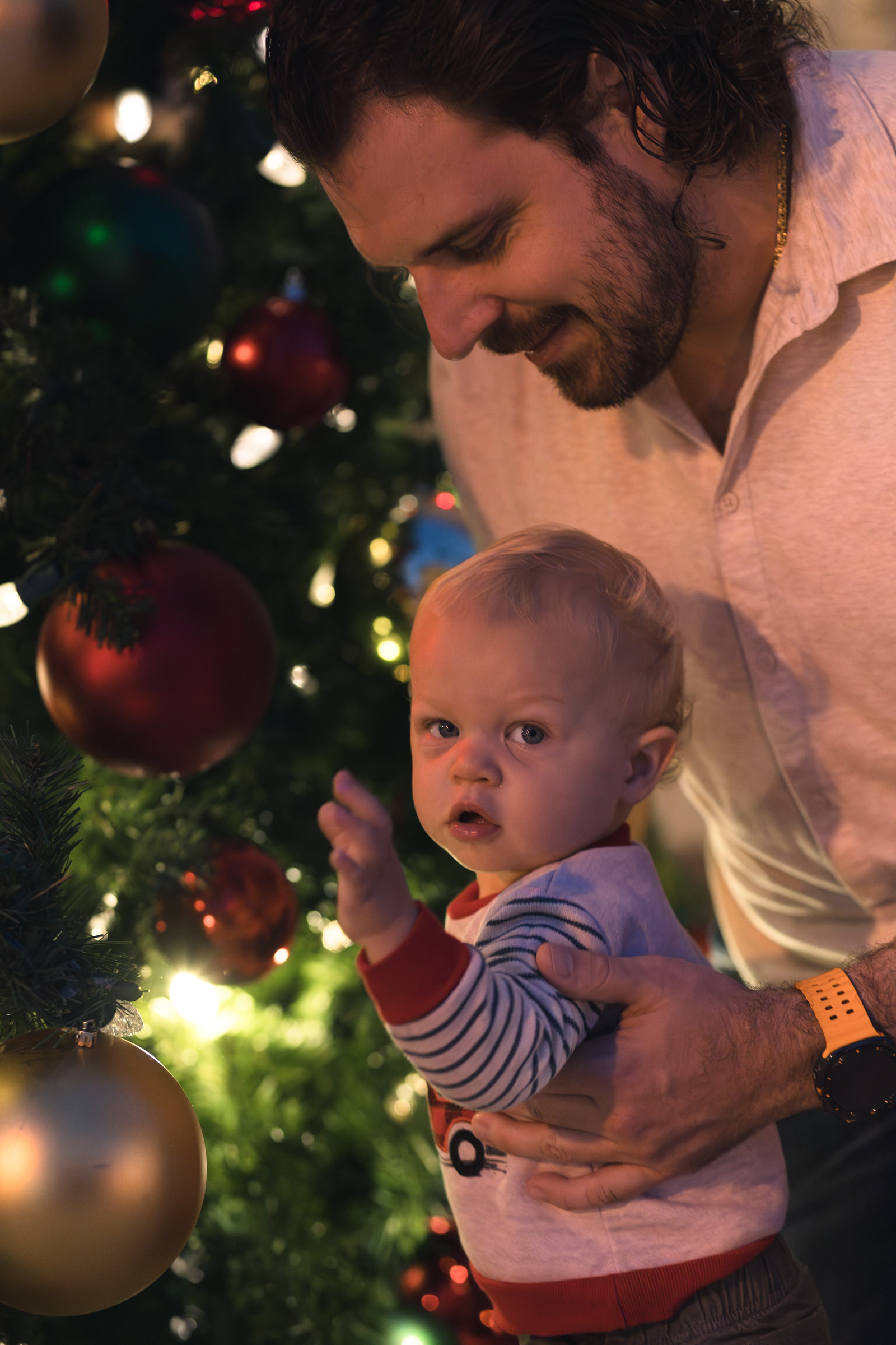 Father holds his son while he plays with the Christmas ornaments on the Fort Myers tree