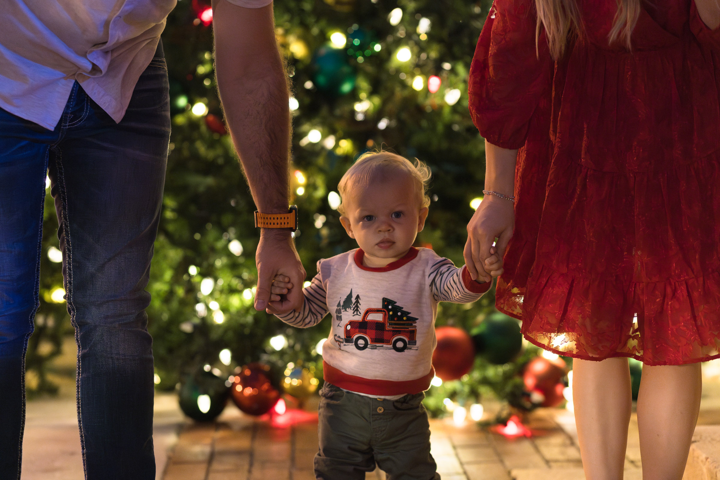 Close of of young boy walking with his parents holding his hands, Fort Myers Christmas tree in the background