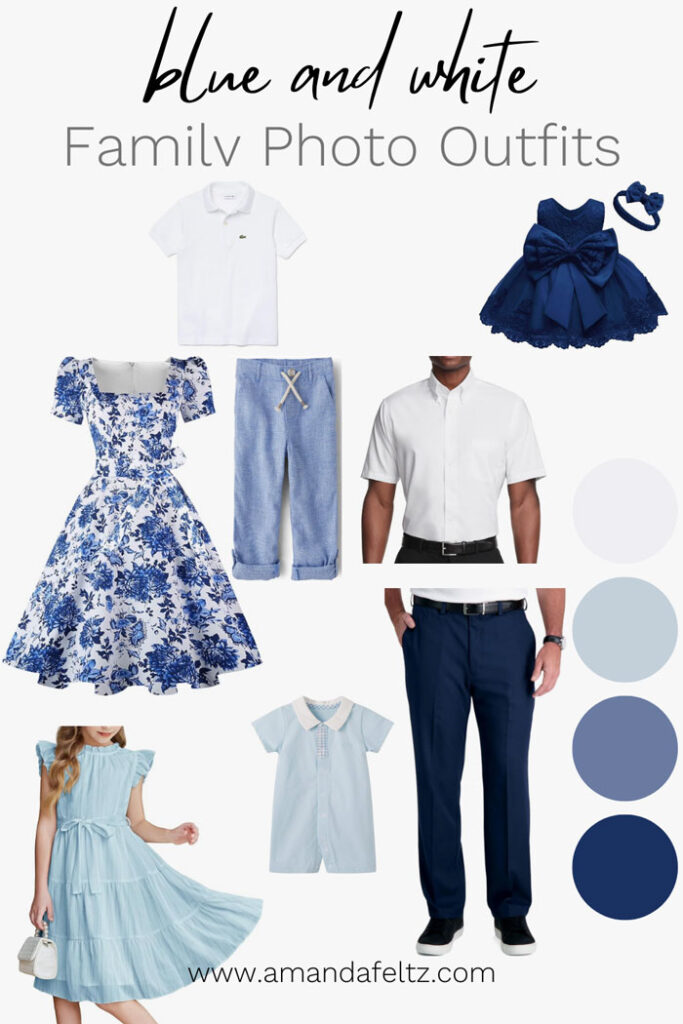 A collage of family outfits for your spring photo shoot, the colors are blue and white