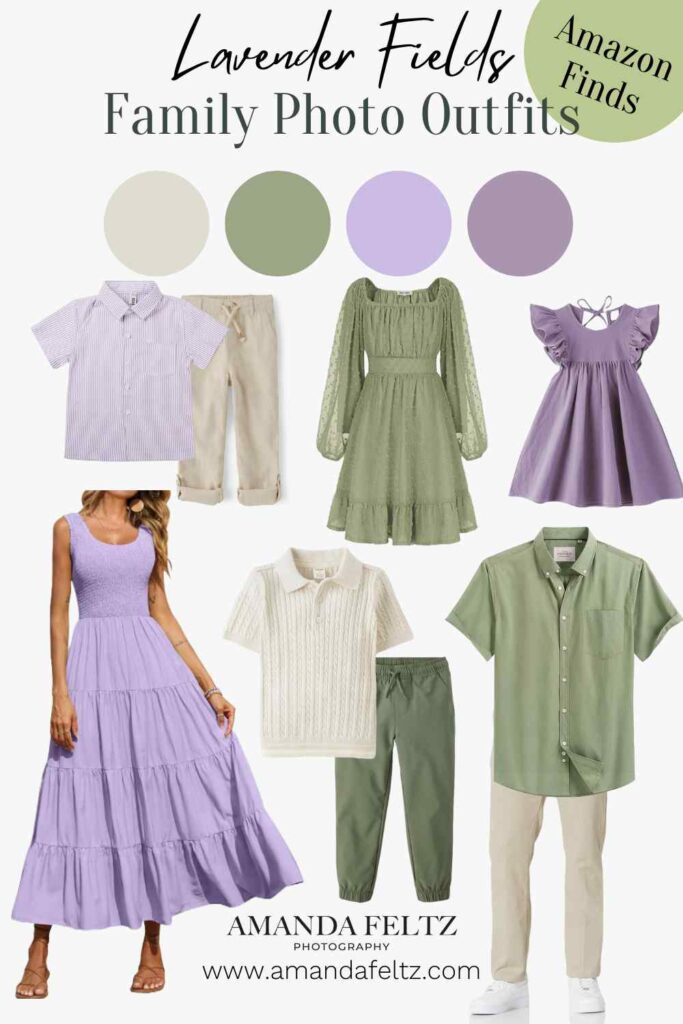 A collage of family outfits for your spring photo shoot, the colors are pastel shades of purple, green, and khaki