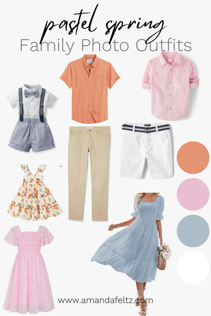 A collage of family outfits for your spring photo shoot, the colors are pastel orange, pink, blue, and white