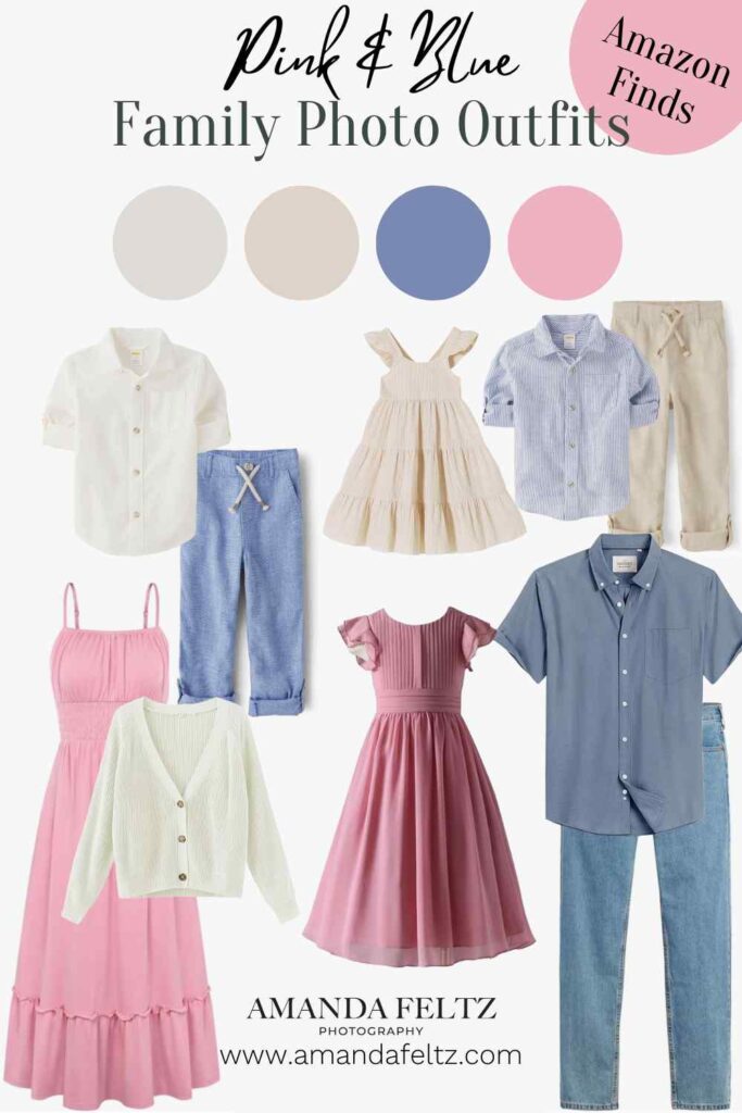 A collage of family outfits, the colors are shades of pink, blue, and beige