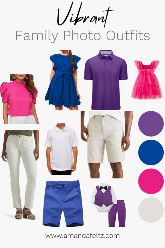 A collage of family outfits for your spring photo shoot, the colors are vibrant pink, blue and purple