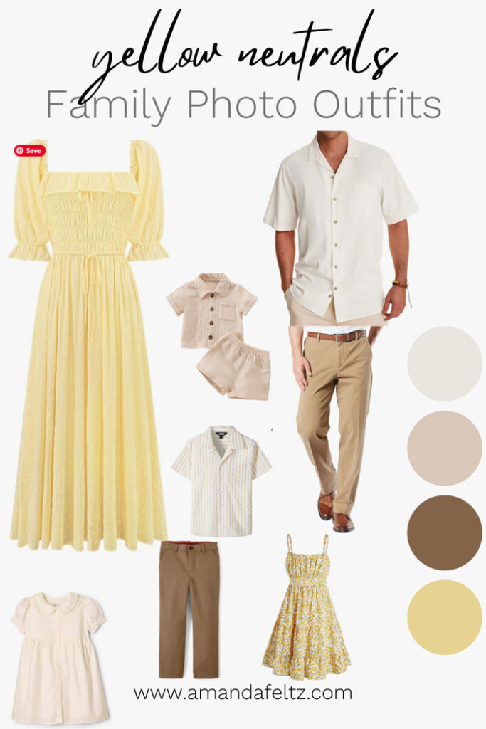 A collage of family outfits for your spring photo shoot, the colors are yellow, white, and brown