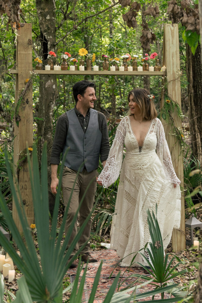 Bride and groom exiting the altar after saying vows on their elopement day
