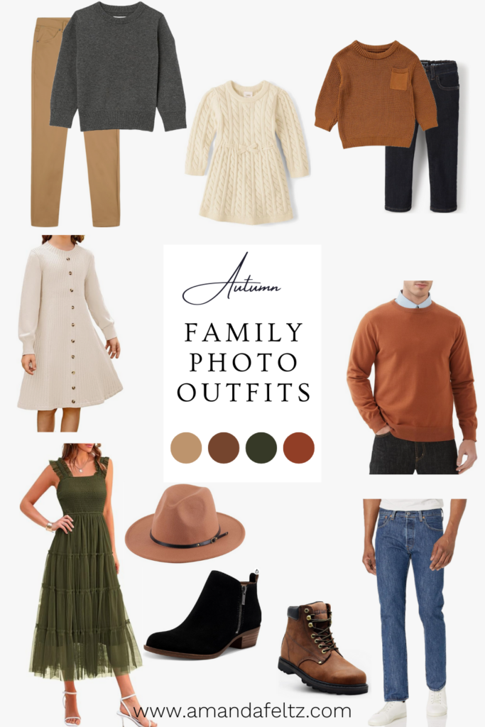 Autumn outfits for a family of 6, the colors include cream, olive, burnt orange, brown, and grey