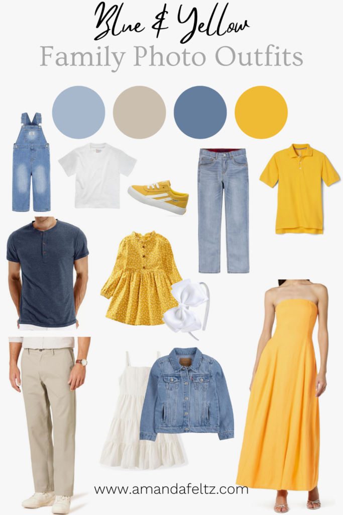 A collage of family outfits for your fall photo shoot, the color palette is yellow, blue, and white.