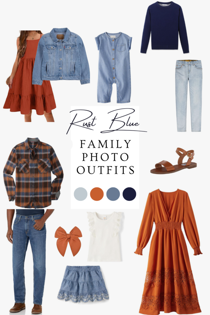 A collage of family outfits for your fall photo shoot, the color palette is burnt orange, white, and blue.