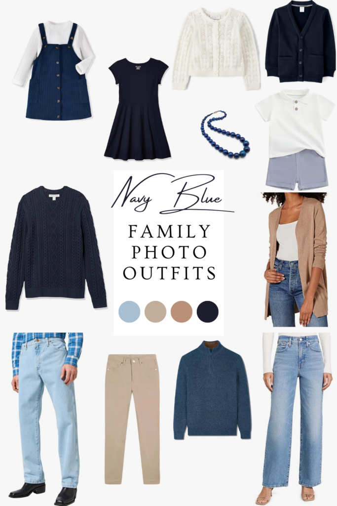A collage of family outfits for your fall photo shoot, the color palette is white, khaki, navy, and others shades of blue.