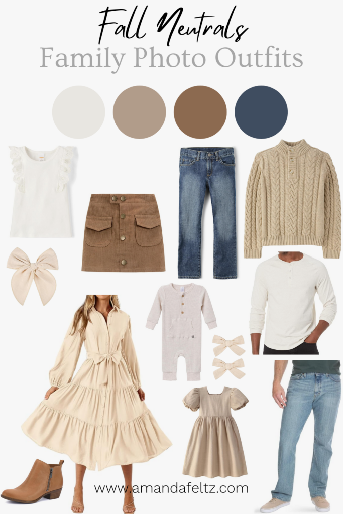 A collage of family outfits for your fall photo shoot, the color palette is neutrals in shades of brown, white, and denim blue jeans.