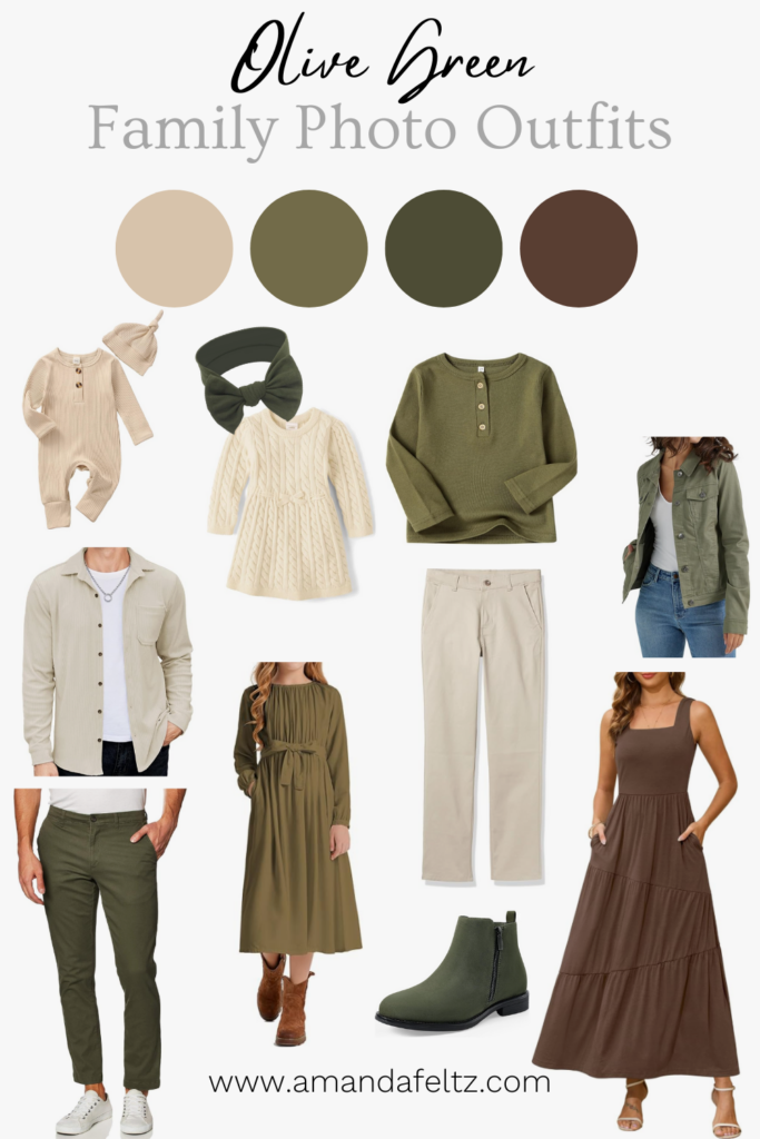 A collage of family outfits for your fall photo shoot, the color palette is olive green, cream, and brown.