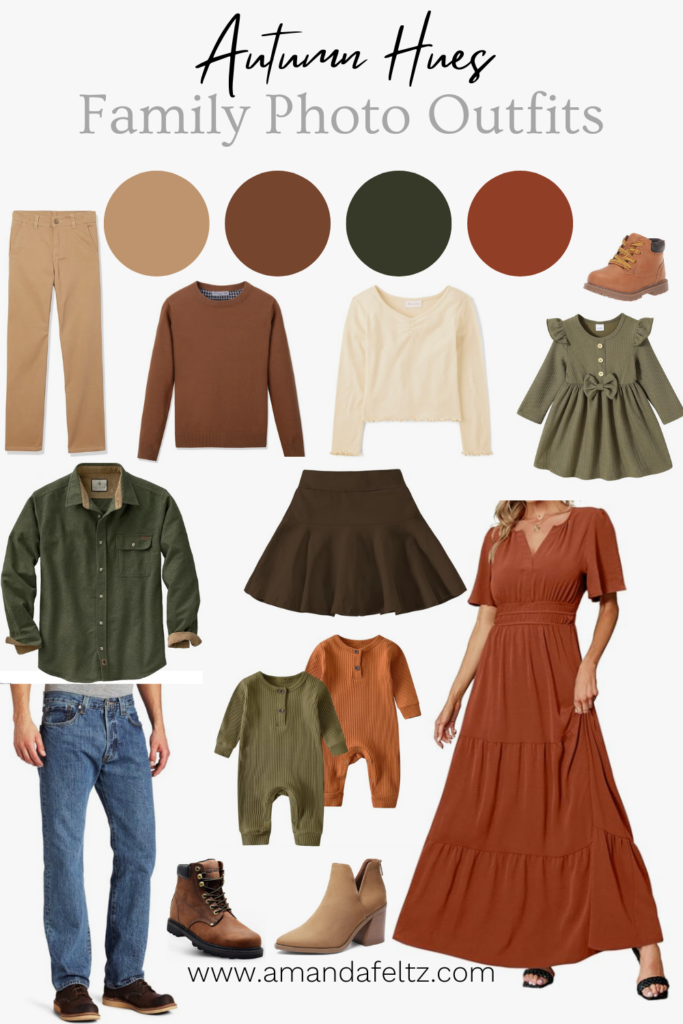 A collage of family outfits for your fall photo shoot, the color palette is burnt orange, brown, green, and olive green.