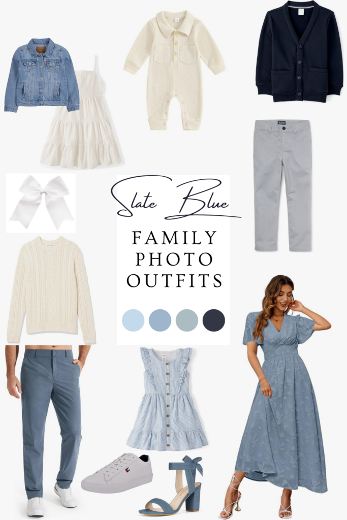 A collage of family outfits for your fall photo shoot, the color palette is slate blue, white, and navy.