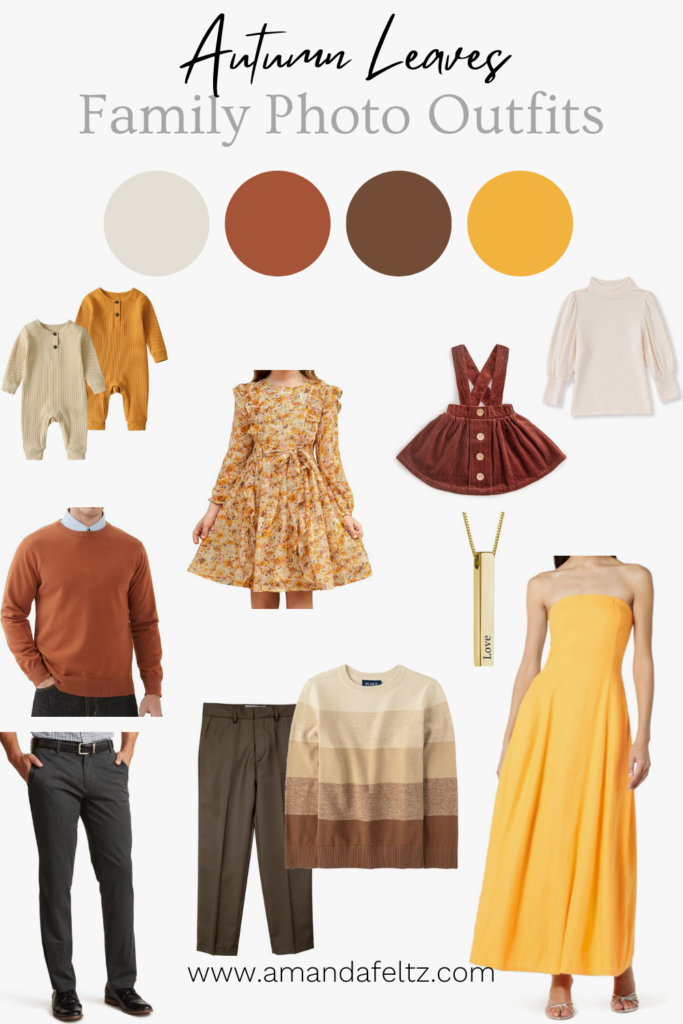 A collage of family outfits for your fall photo shoot, the color palette is yellow, burnt orange, cream, brown, and rust.