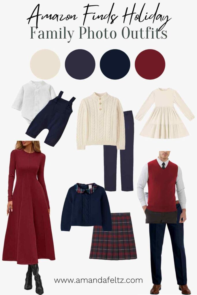 A collage of family outfits for winter or christmas photos, the colors are burgundy, navy, and cream
