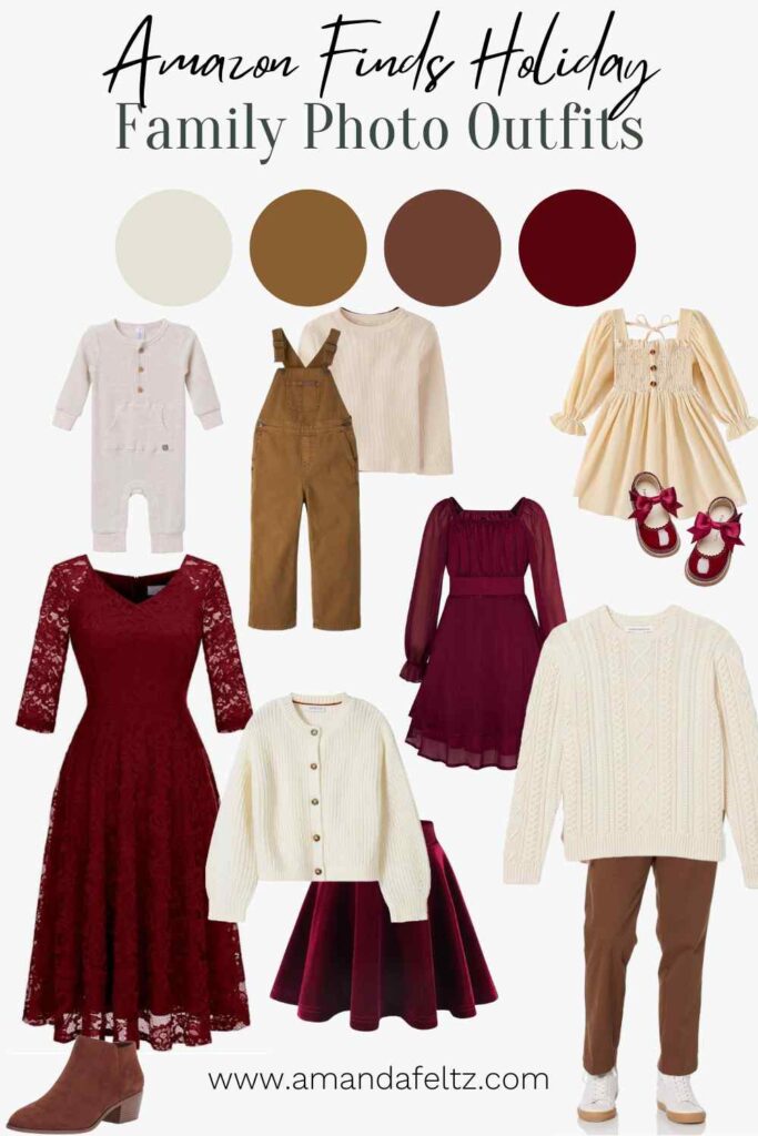 A collage of family outfits for winter or christmas photos, the colors are burgundy, cream, and brown