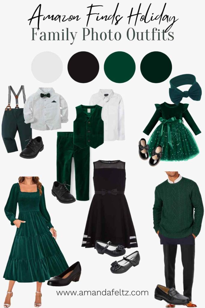A collage of formal family outfits for winter or Christmas photos, the colors are dark green, black, and white