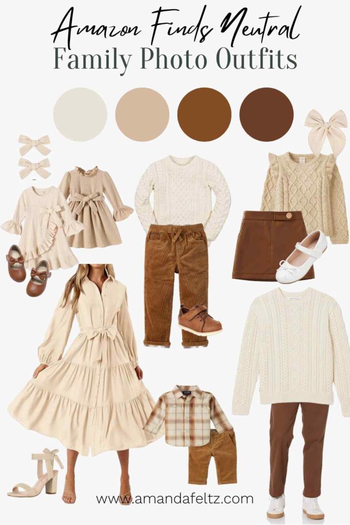 A collage of neutral cream & brown family outfits for fall or winter pictures