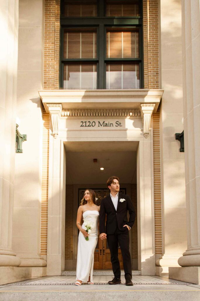 Couple on the steps of Old Lee County Courthouse