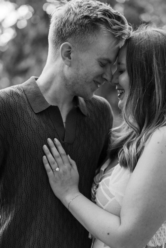 Black and white close up of couple touching foreheads together